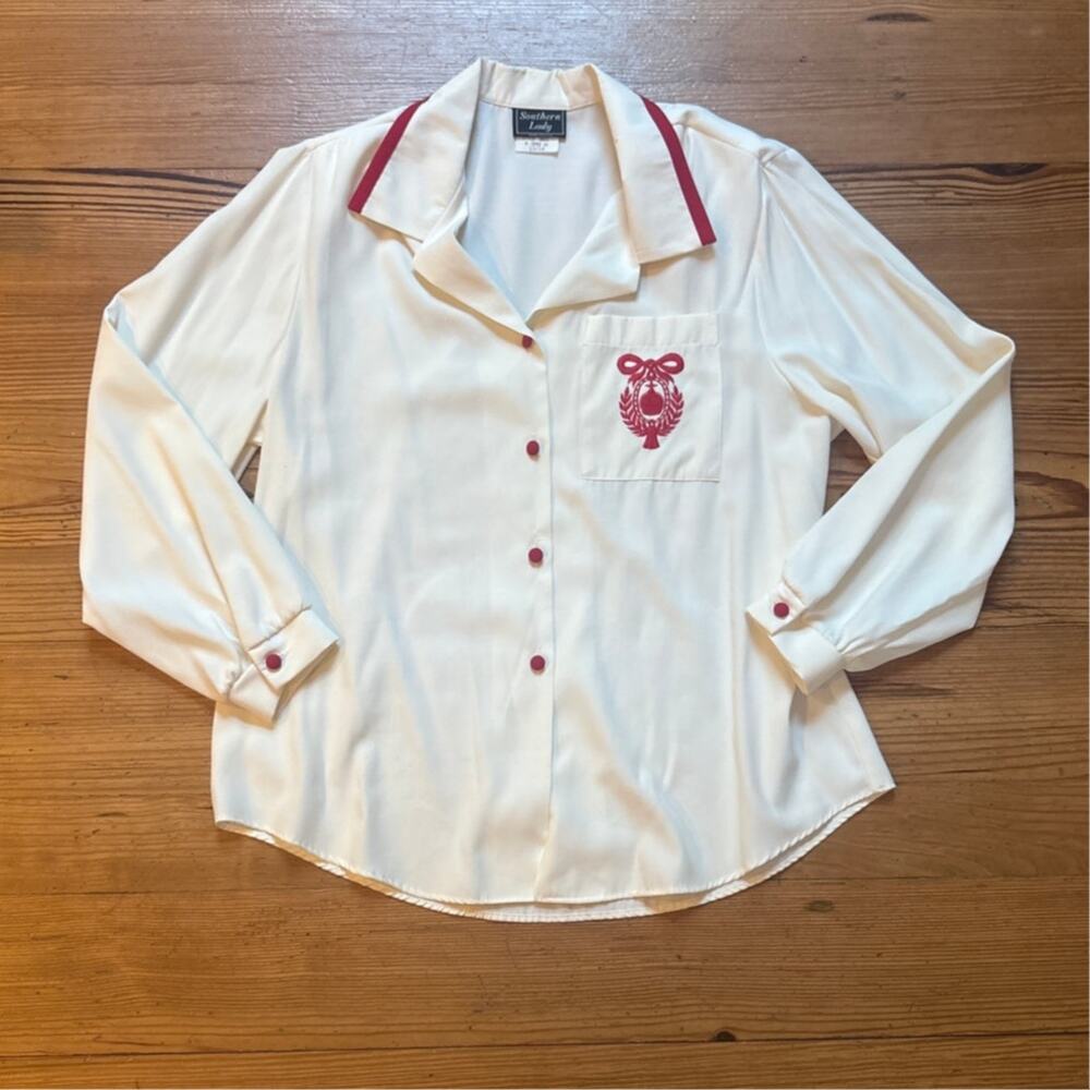 Southern Lady white‎ long sleeve red trim and crest womens blouse SIZE 16